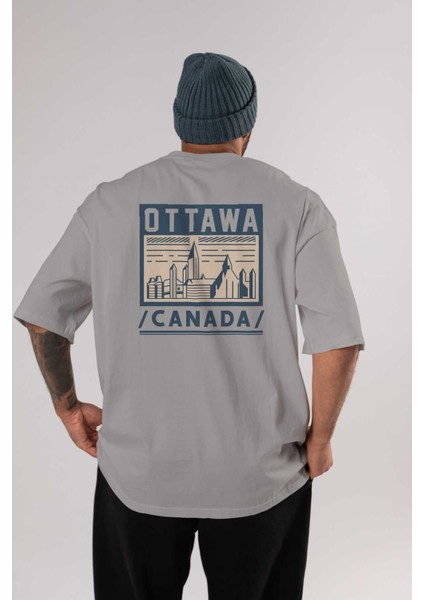 Ottawa Arka Baskılı Gri Oversize T-Shirt Unisex Erkek Kadın Bisiklet Yaka