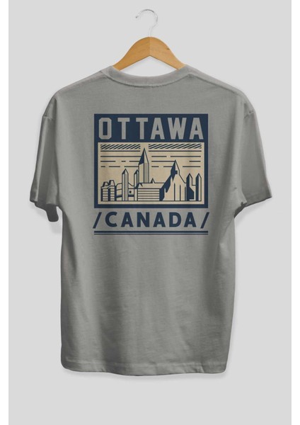 Ottawa Arka Baskılı Gri Oversize T-Shirt Unisex Erkek Kadın Bisiklet Yaka fiyatları