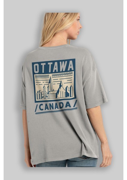 Ottawa Arka Baskılı Gri Oversize T-Shirt Unisex Erkek Kadın Bisiklet Yaka modelleri