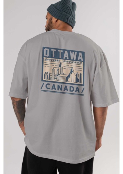 Ottawa Arka Baskılı Gri Oversize T-Shirt Unisex Erkek Kadın Bisiklet Yaka indirimleri
