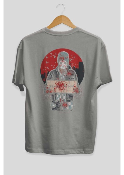 Kill For Food Arka Baskılı Gri Oversize T-Shirt Unisex Erkek Kadın Bisiklet Yaka fiyatları