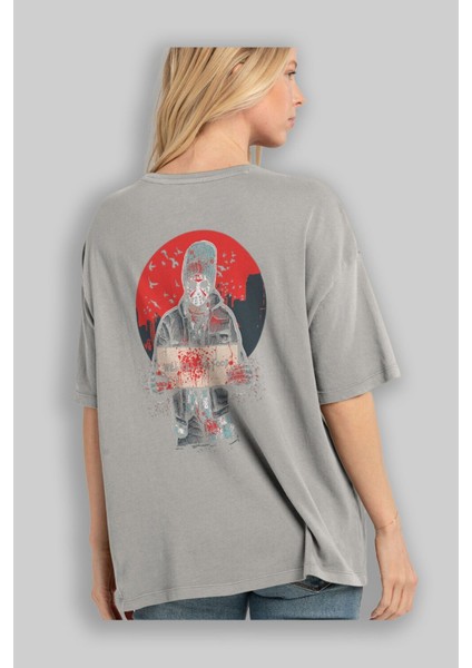 Kill For Food Arka Baskılı Gri Oversize T-Shirt Unisex Erkek Kadın Bisiklet Yaka modelleri