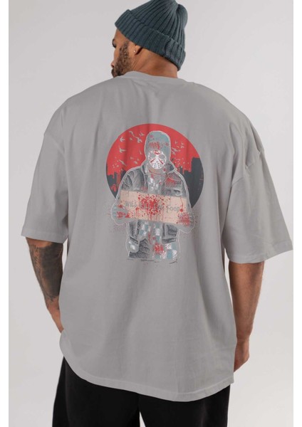 Kill For Food Arka Baskılı Gri Oversize T-Shirt Unisex Erkek Kadın Bisiklet Yaka indirimleri