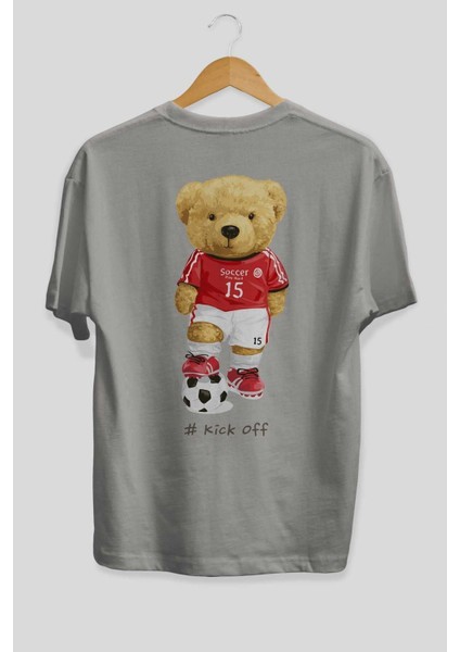 Teddy Bear Kick Off Arka Baskılı Gri Oversize T-Shirt Unisex Erkek Kadın Bisiklet Yaka fiyatları