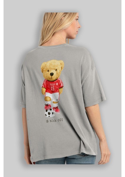 Teddy Bear Kick Off Arka Baskılı Gri Oversize T-Shirt Unisex Erkek Kadın Bisiklet Yaka modelleri