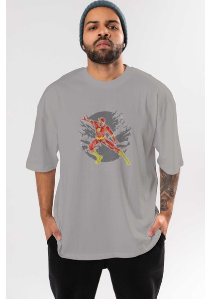 The Flash Ön Baskılı Gri Oversize T-Shirt Unisex Erkek Kadın Bisiklet Yaka