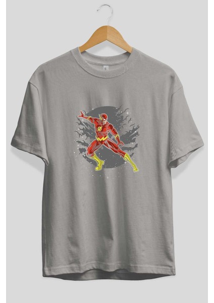The Flash Ön Baskılı Gri Oversize T-Shirt Unisex Erkek Kadın Bisiklet Yaka