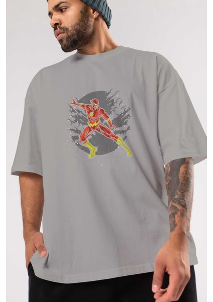 The Flash Ön Baskılı Gri Oversize T-Shirt Unisex Erkek Kadın Bisiklet Yaka