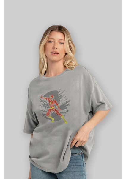 The Flash Ön Baskılı Gri Oversize T-Shirt Unisex Erkek Kadın Bisiklet Yaka