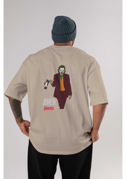 Joker (11) Arka Baskılı Bej Oversize T-Shirt Bisiklet Yaka Pamuk Erkek Kadın