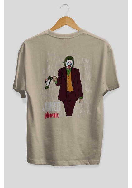 Joker (11) Arka Baskılı Bej Oversize T-Shirt Bisiklet Yaka Pamuk Erkek Kadın fiyatları