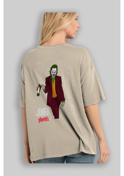 Joker (11) Arka Baskılı Bej Oversize T-Shirt Bisiklet Yaka Pamuk Erkek Kadın modelleri