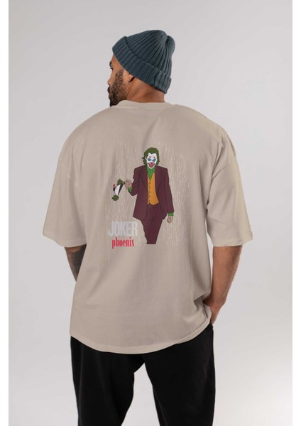 Joker (11) Arka Baskılı Bej Oversize T-Shirt Bisiklet Yaka Pamuk Erkek Kadın fırsatları