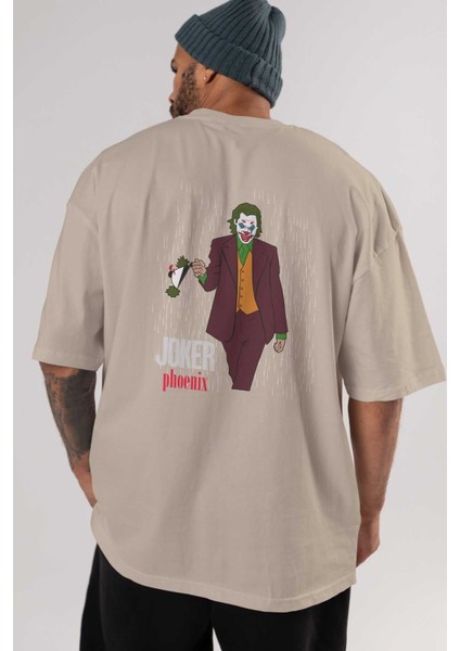 Joker (11) Arka Baskılı Bej Oversize T-Shirt Bisiklet Yaka Pamuk Erkek Kadın indirimleri