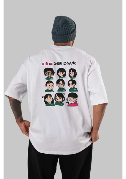 Squid Game (3) Arka Baskılı Beyaz Oversize T-Shirt Bisiklet Yaka Pamuk Erkek Kadın