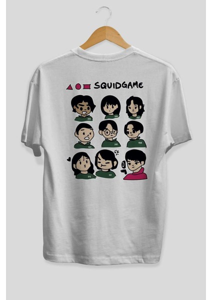 Squid Game (3) Arka Baskılı Beyaz Oversize T-Shirt Bisiklet Yaka Pamuk Erkek Kadın fiyatları