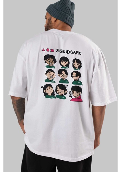 Squid Game (3) Arka Baskılı Beyaz Oversize T-Shirt Bisiklet Yaka Pamuk Erkek Kadın indirimleri