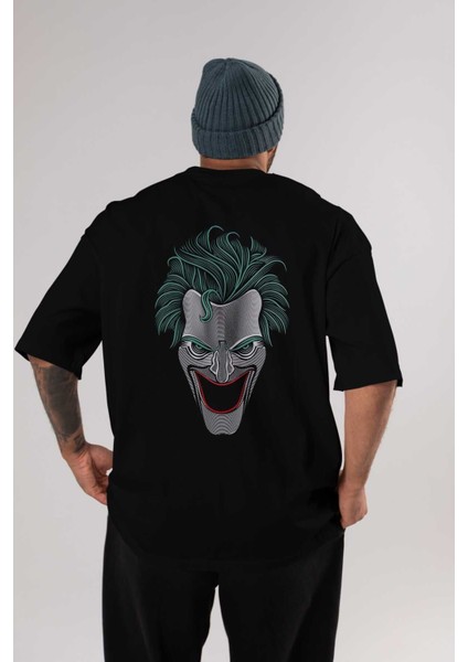 Joker (1) Arka Baskılı Siyah Oversize T-Shirt Bisiklet Yaka Pamuk Erkek Kadın