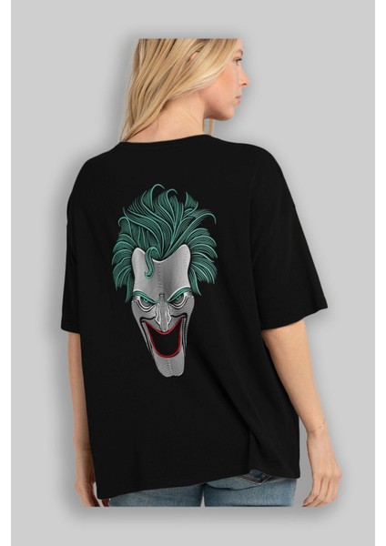 Joker (1) Arka Baskılı Siyah Oversize T-Shirt Bisiklet Yaka Pamuk Erkek Kadın fırsatları