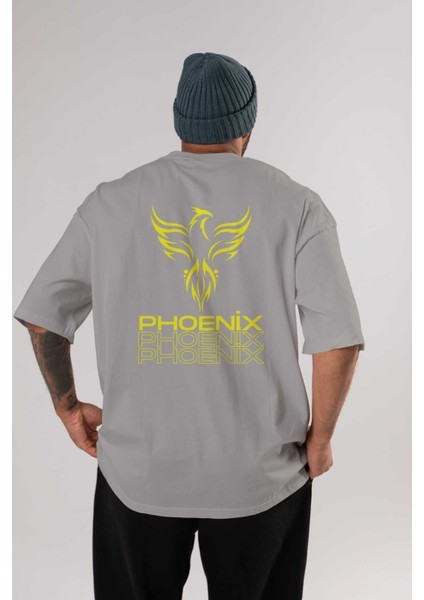 Phoenix Yazılı Arka Baskılı Gri Oversize T-Shirt Unisex Erkek Kadın Bisiklet Yaka