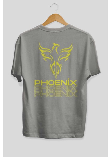 Phoenix Yazılı Arka Baskılı Gri Oversize T-Shirt Unisex Erkek Kadın Bisiklet Yaka fiyatları