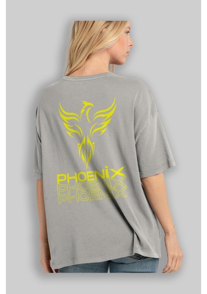 Phoenix Yazılı Arka Baskılı Gri Oversize T-Shirt Unisex Erkek Kadın Bisiklet Yaka modelleri