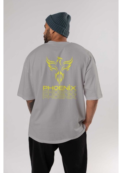 Phoenix Yazılı Arka Baskılı Gri Oversize T-Shirt Unisex Erkek Kadın Bisiklet Yaka fırsatları