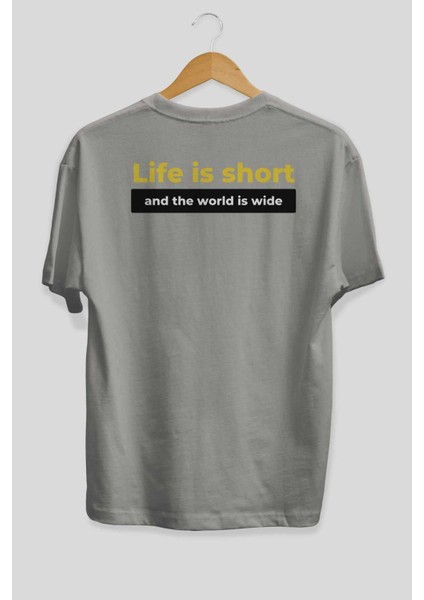 Life Is Short Yazılı Arka Baskılı Gri Oversize T-Shirt Unisex Erkek Kadın Bisiklet Yaka fiyatları