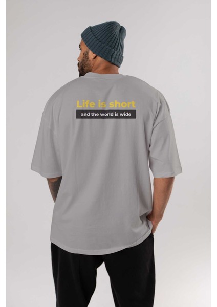 Life Is Short Yazılı Arka Baskılı Gri Oversize T-Shirt Unisex Erkek Kadın Bisiklet Yaka fırsatları