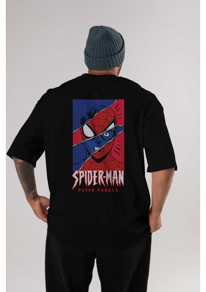 Spiderman (13) Arka Baskılı Siyah Oversize T-Shirt Bisiklet Yaka Pamuk Erkek Kadın