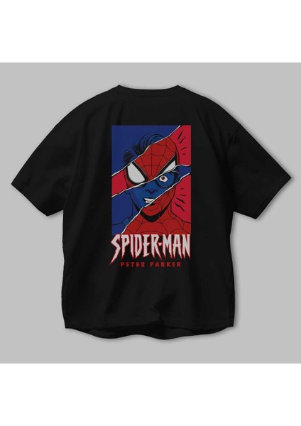 Spiderman (13) Arka Baskılı Siyah Oversize T-Shirt Bisiklet Yaka Pamuk Erkek Kadın modelleri