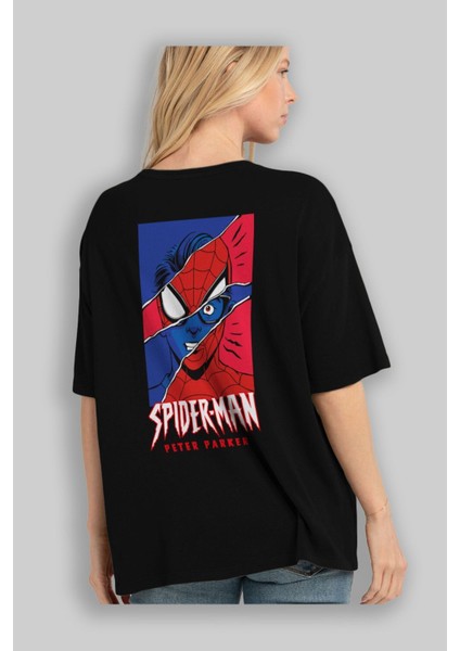 Spiderman (13) Arka Baskılı Siyah Oversize T-Shirt Bisiklet Yaka Pamuk Erkek Kadın fırsatları