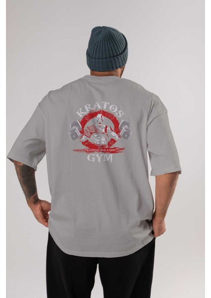 Kratos Gym Arka Baskılı Gri Oversize T-Shirt Bisiklet Yaka Pamuk Erkek Kadın