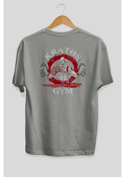 Kratos Gym Arka Baskılı Gri Oversize T-Shirt Bisiklet Yaka Pamuk Erkek Kadın fiyatları