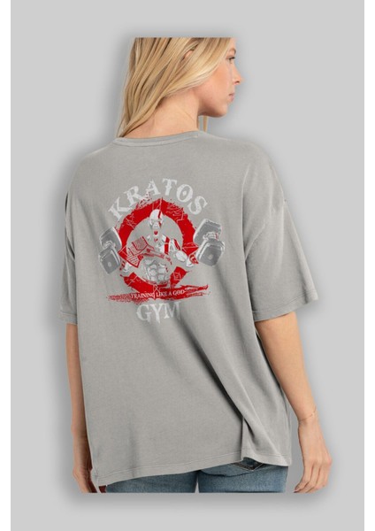 Kratos Gym Arka Baskılı Gri Oversize T-Shirt Bisiklet Yaka Pamuk Erkek Kadın modelleri