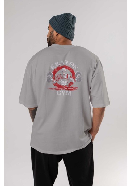 Kratos Gym Arka Baskılı Gri Oversize T-Shirt Bisiklet Yaka Pamuk Erkek Kadın fırsatları