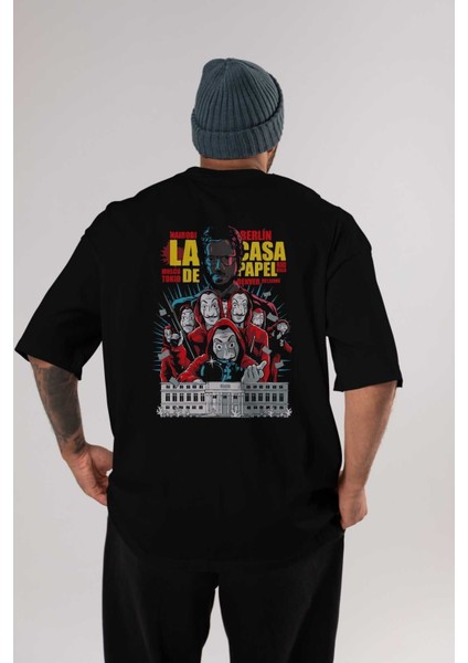 La Casa De Papel (6) Arka Baskılı Siyah Oversize T-Shirt Bisiklet Yaka Pamuk Erkek Kadın