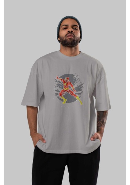 The Flash Ön Baskılı Gri Oversize T-Shirt Unisex Erkek Kadın Bisiklet Yaka