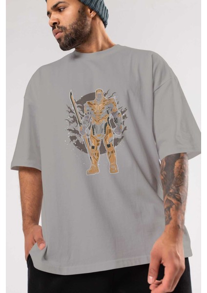 Thanos Ön Baskılı Gri Oversize T-Shirt Unisex Erkek Kadın Bisiklet Yaka modelleri