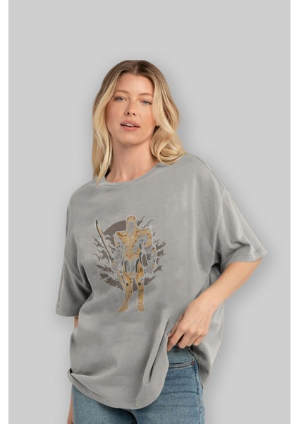 Thanos Ön Baskılı Gri Oversize T-Shirt Unisex Erkek Kadın Bisiklet Yaka fırsatları