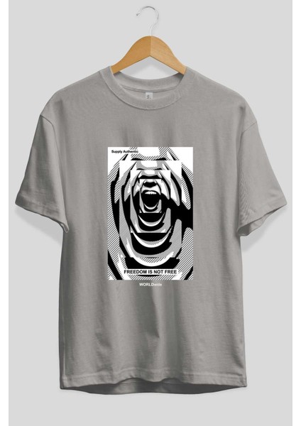 Freedom Is Not Free 2 Ön Baskılı Gri Oversize T-Shirt Unisex Erkek Kadın Bisiklet Yaka fiyatları