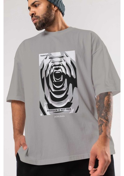 Freedom Is Not Free 2 Ön Baskılı Gri Oversize T-Shirt Unisex Erkek Kadın Bisiklet Yaka modelleri