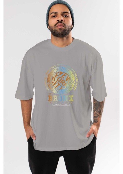 Brooklyn And New York Ön Baskılı Gri Oversize T-Shirt Unisex Erkek Kadın Bisiklet Yaka