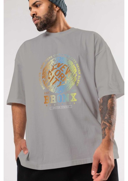 Brooklyn And New York Ön Baskılı Gri Oversize T-Shirt Unisex Erkek Kadın Bisiklet Yaka modelleri