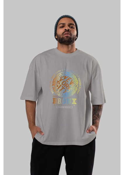 Brooklyn And New York Ön Baskılı Gri Oversize T-Shirt Unisex Erkek Kadın Bisiklet Yaka indirimleri
