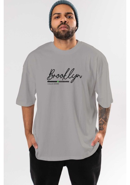 Brooklyn Denim Ön Baskılı Gri Oversize T-Shirt Unisex Erkek Kadın Bisiklet Yaka