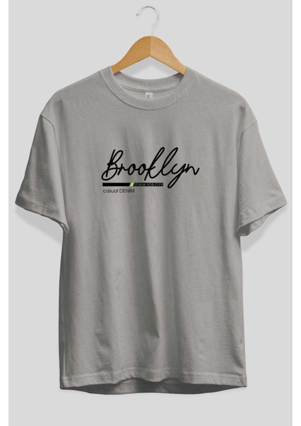 Brooklyn Denim Ön Baskılı Gri Oversize T-Shirt Unisex Erkek Kadın Bisiklet Yaka fiyatları