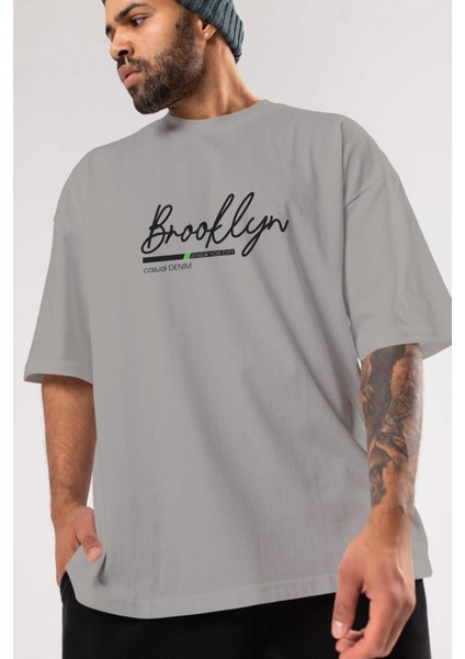 Brooklyn Denim Ön Baskılı Gri Oversize T-Shirt Unisex Erkek Kadın Bisiklet Yaka modelleri