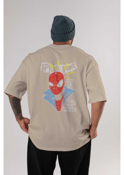 Spiderman (18) Arka Baskılı Bej Oversize T-Shirt Bisiklet Yaka Pamuk Erkek Kadın