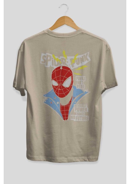 Spiderman (18) Arka Baskılı Bej Oversize T-Shirt Bisiklet Yaka Pamuk Erkek Kadın fiyatları